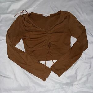 Brown Ruched Crop Blouse with Tie Front